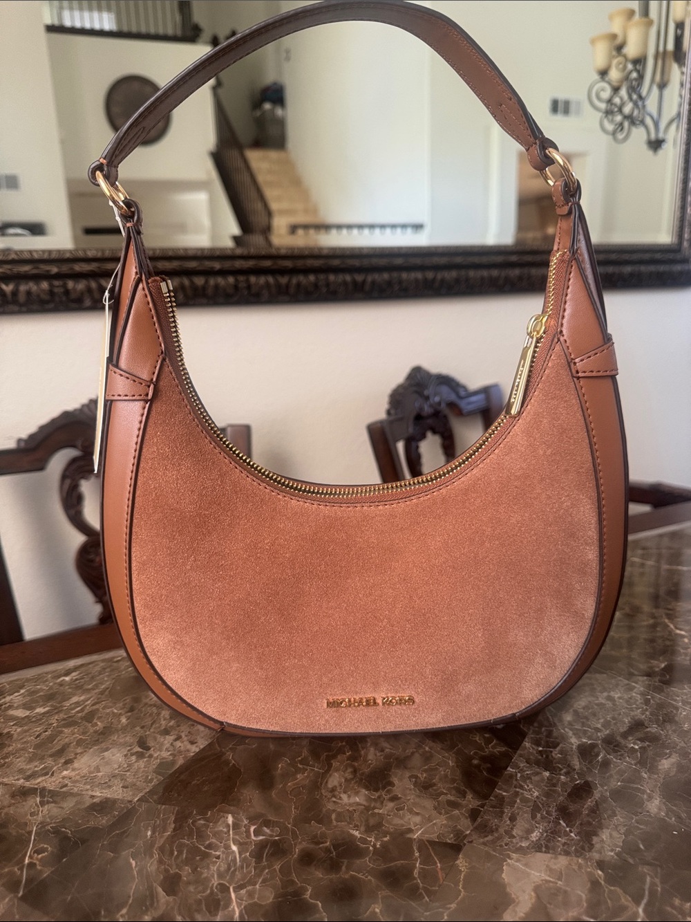Michael Kors Suede Crescent Shoulder Bag in Tan